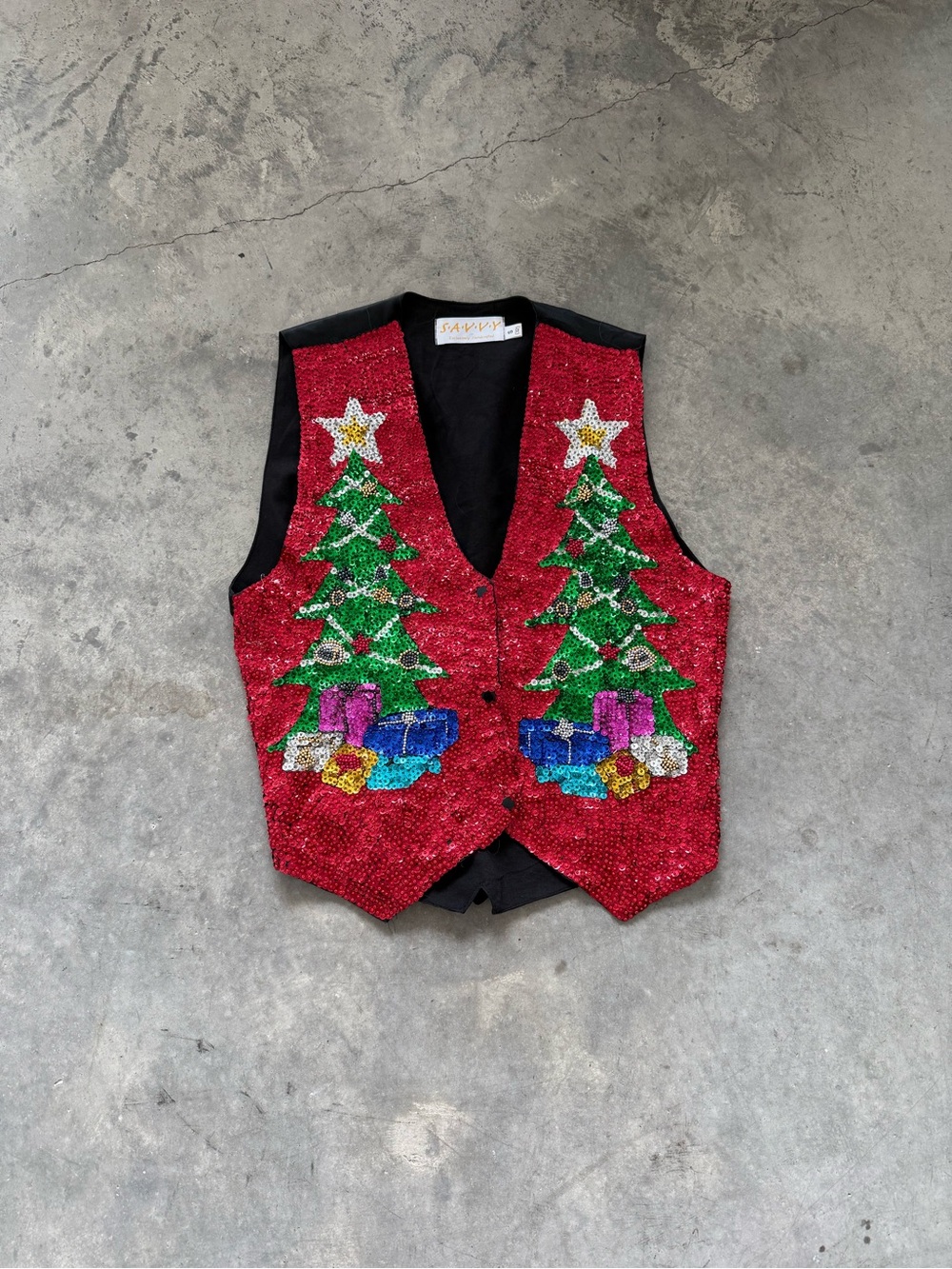 Savvy Red Sequin Vest with Festive Tree Motifs